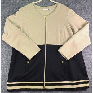 Susan Graver Zip Jacket XL Beige Black Colorblock Gold Zip Pockets Striped Hem